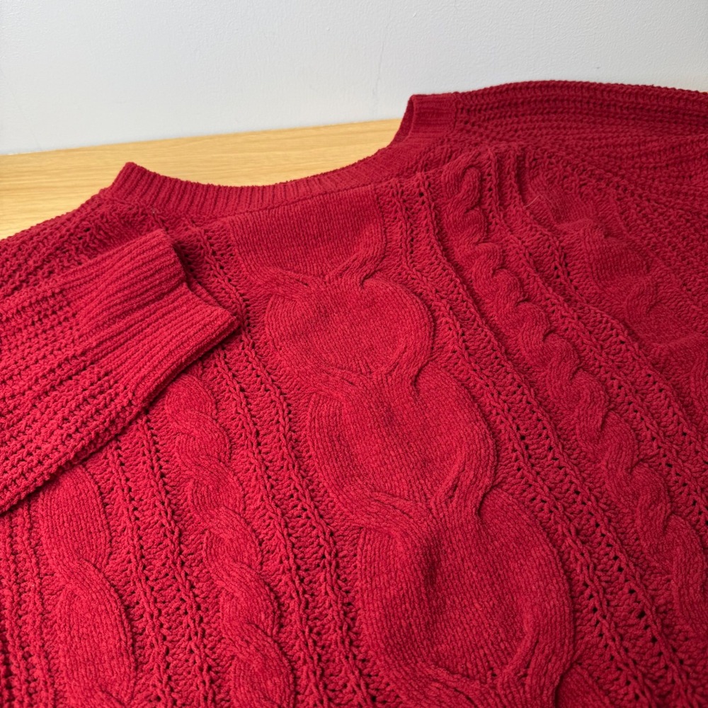 J. Jill Womens Chenille Cable Knit Sweater Medium‎ Red Fishermen Cozy Classic